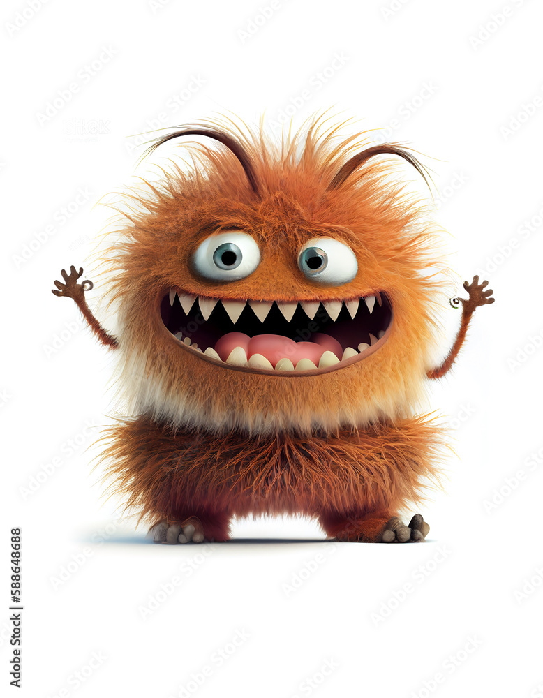 Happy and furry little monster on white background, created with generative AI Happy and furry little monster on white background, created with generative AI