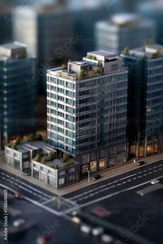 Modern contemporary style model buildings with tilt shift effect, created with generative AI