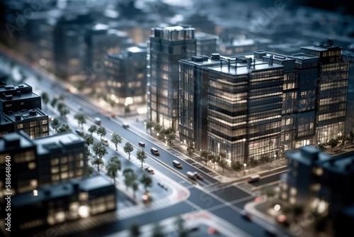 Modern contemporary style model buildings with tilt shift effect, created with generative AI