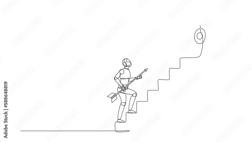Animated self drawing of continuous line draw robot holding arrow running up stairway to high target. Robotic artificial intelligence. Electronic technology industry. Full length one line animation Animated self drawing of continuous line draw robot holding arrow running up stairway to high target. Robotic artificial intelligence. Electronic technology industry. Full length one line animation