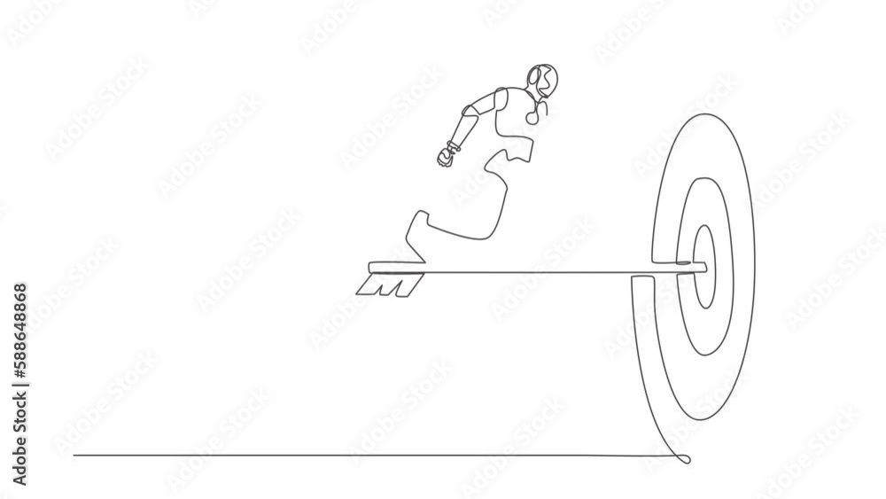Animated self drawing of continuous line draw robot run to bullseye with dart. Reach target success. Robotic artificial intelligence. Electronic technology industry. Full length one line animation Animated self drawing of continuous line draw robot run to bullseye with dart. Reach target success. Robotic artificial intelligence. Electronic technology industry. Full length one line animation