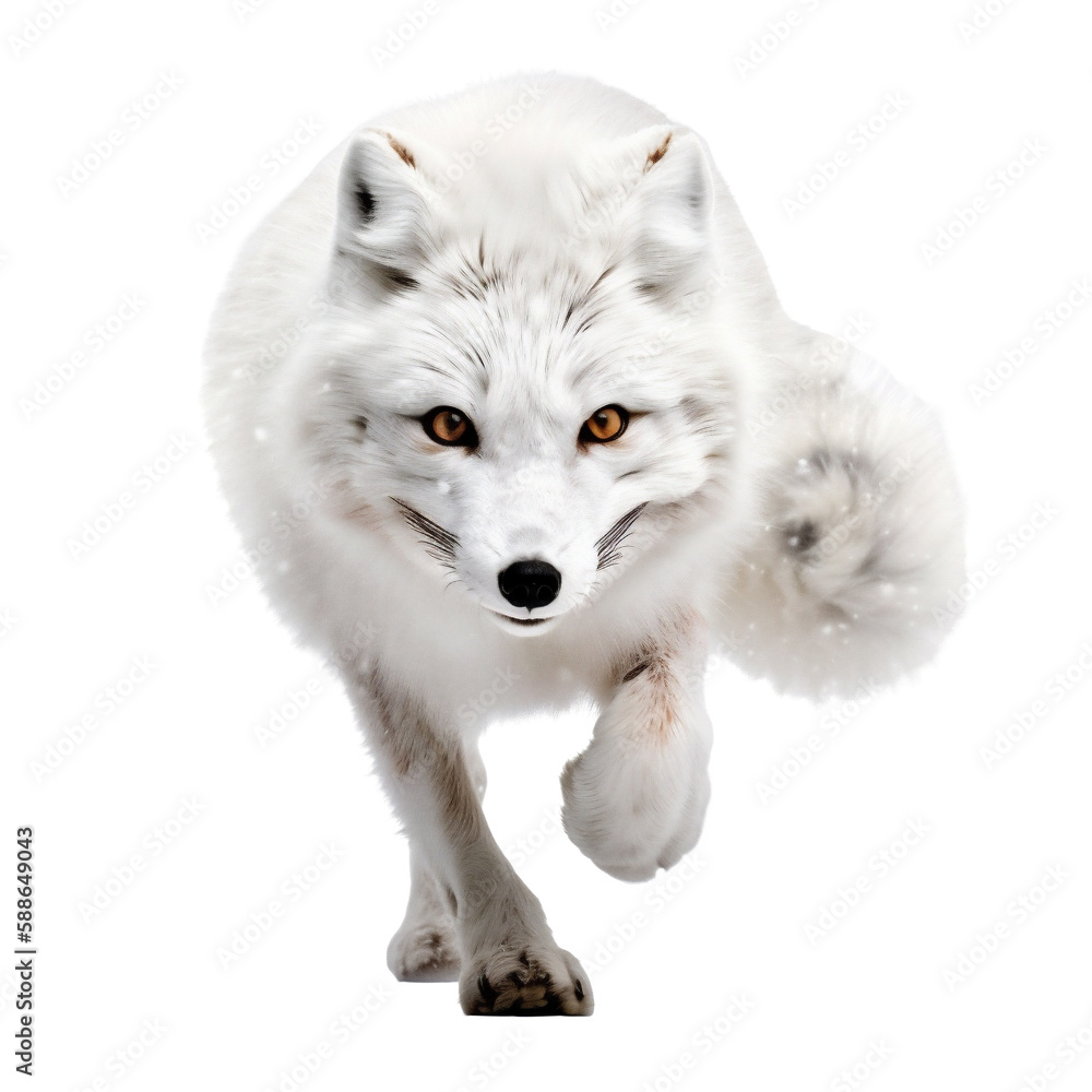 Running Arctic Fox Portrait, Front View of Animal in Action. Generative AI Running Arctic Fox Portrait, Front View of Animal in Action. Generative AI