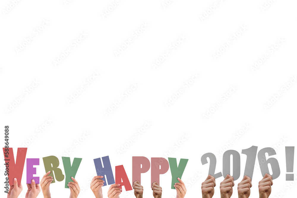 Colorful alphabet spelling very happy 2016 held up by people Colorful alphabet spelling very happy 2016 held up by people