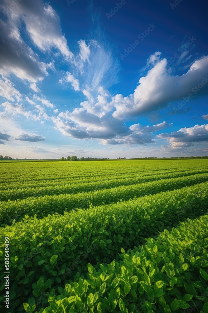 Green ripening soybean field, agricultural landscape. Generative AI