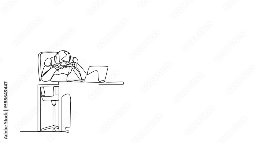 Self drawing animation of single line draw frustrated robot in doubt with hand on chin gesture. Future technology. Artificial intelligence machine learning. Continuous line draw. Full length animated