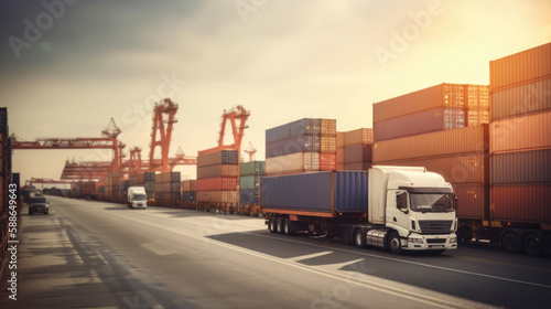 Container truck in ship port for business logistics. Generative AI