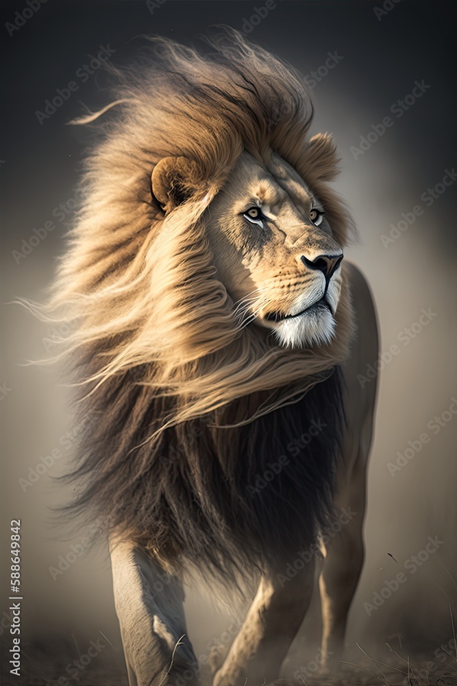 Fototapeta premium Lion with its mane blowing in the wind, looking wild and untamed, generative ai