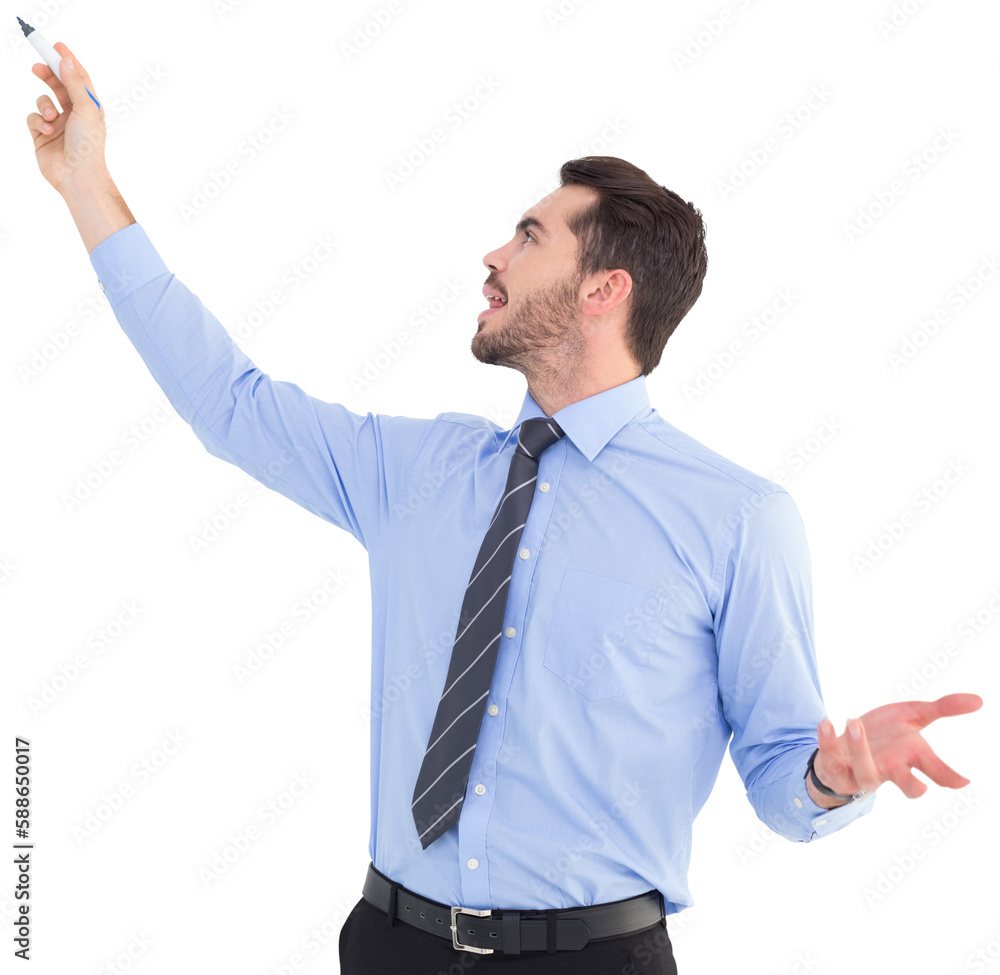 Happy businessman pointing something with marker Happy businessman pointing something with marker