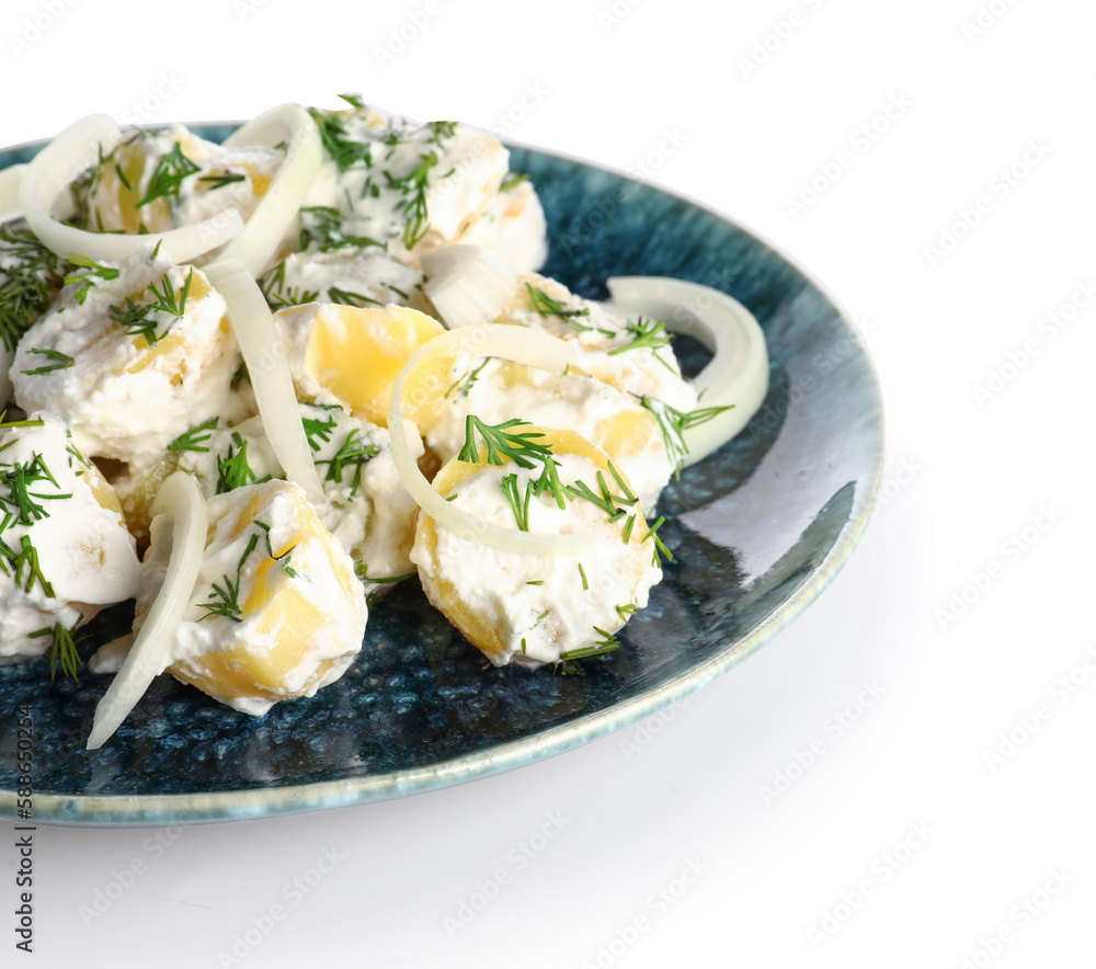 Plate of tasty Potato Salad with greens on white background, closeup Plate of tasty Potato Salad with greens on white background, closeup