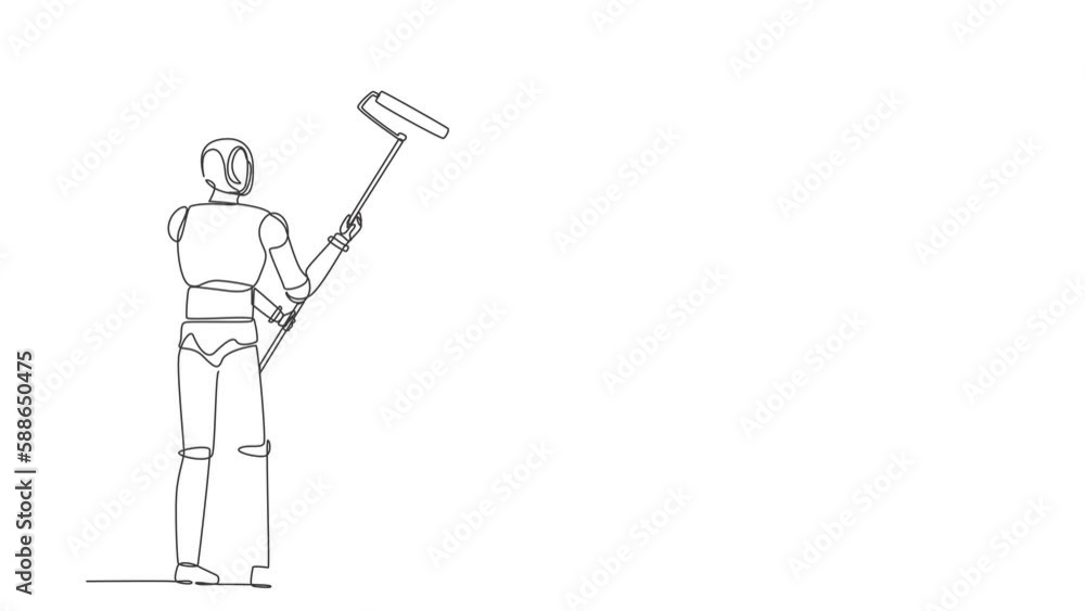 Animated self drawing of continuous one line draw robot painting wall with roller. Home repair, renovation. Humanoid robot cybernetic organism. Future robotic. Full length single line animation Animated self drawing of continuous one line draw robot painting wall with roller. Home repair, renovation. Humanoid robot cybernetic organism. Future robotic. Full length single line animation