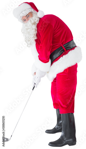 Happy santa claus playing golf 