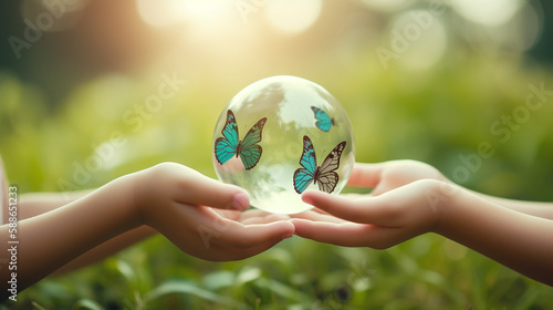  hands holding Globe Glass earth globe earth day World environment day concept, Forest green and city background, Generative AI