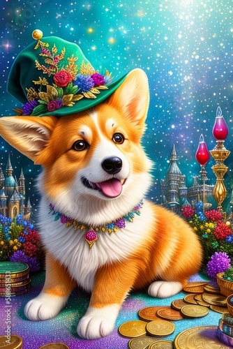 A cute dog in green hat, among precious stones and jewels, St. patrick's day, generative ai art illustration 01