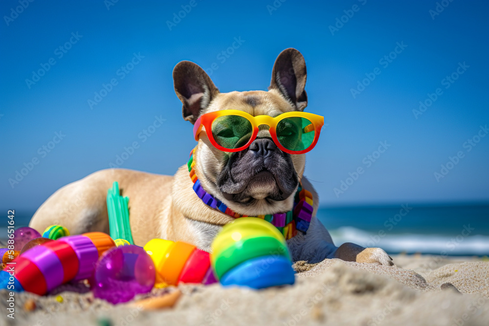 Abstract summer portrait on the beach on a hot, sunny summer day. Happy dog ​​with sunglasses and toys on the sand. Animal on vacation. Illustration, Generative AI.