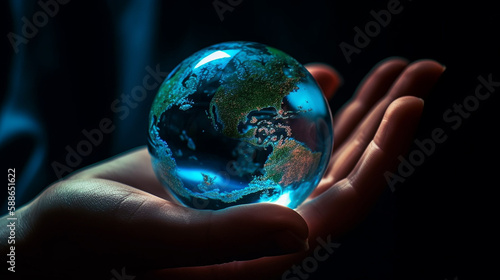 hands holding  Globe Glass earth globe  earth day World environment day concept, Forest  green and city background, Generative AI illustration photo