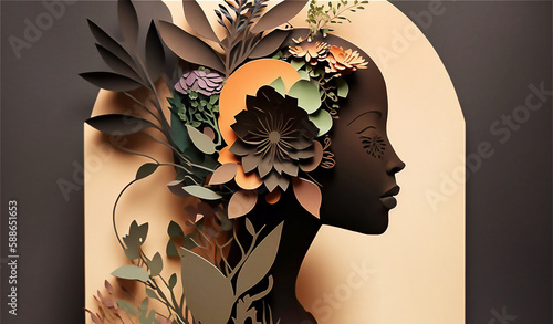 Paper cut art , Woman of different flower and plants