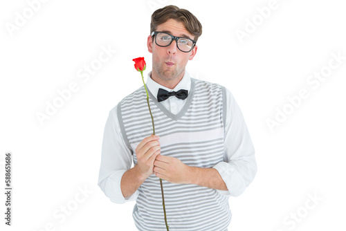Geeky hipster holding a red rose 