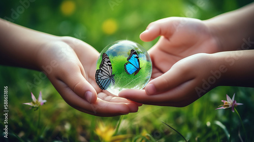 hands holding Globe Glass earth globe earth day World environment day concept, Forest green and city background, Generative AI illustration