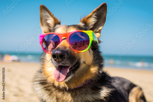 Abstract summer portrait on the beach on a hot, sunny summer day. Happy dog ​​with sunglasses and toys on the sand. Animal on vacation. Illustration, Generative AI. © Ljuba3dArt