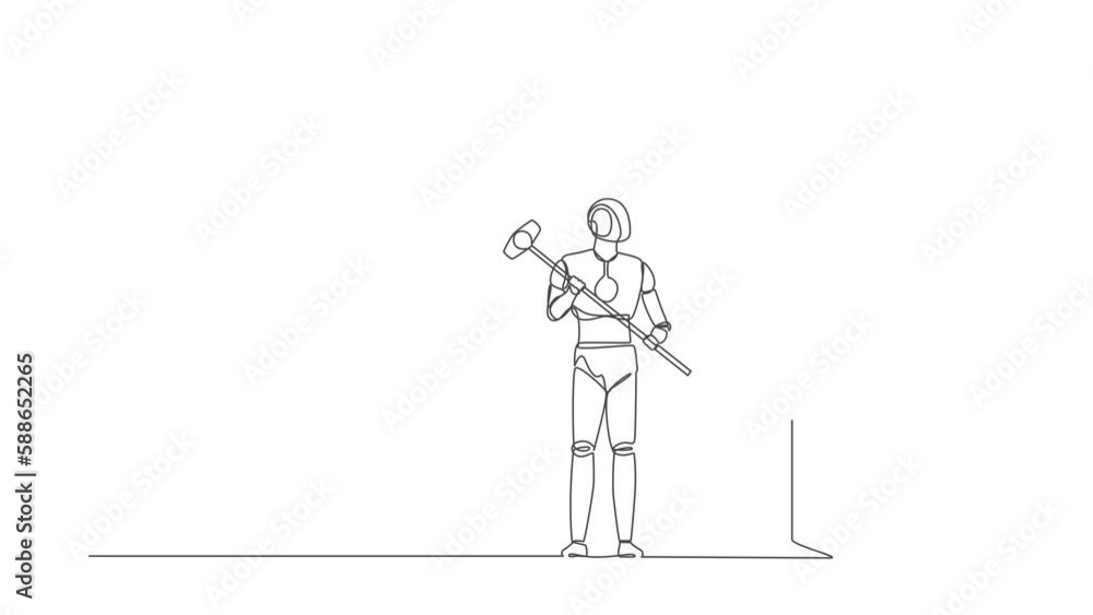 Animated self drawing of continuous line draw robot standing and holding big hammer while facing wall. Humanoid robot cybernetic organism. Future robotic development. Full length single line animation Animated self drawing of continuous line draw robot standing and holding big hammer while facing wall. Humanoid robot cybernetic organism. Future robotic development. Full length single line animation