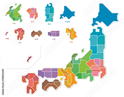 日本地図　色分け　都道府県　イラスト