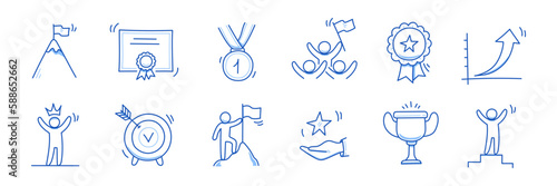 Winner award business doodle icon. Success leader doodle line sketch award, certificate, trophy. Victory, success, winner concept icon. Outline editable pen stroke. Vector illustration