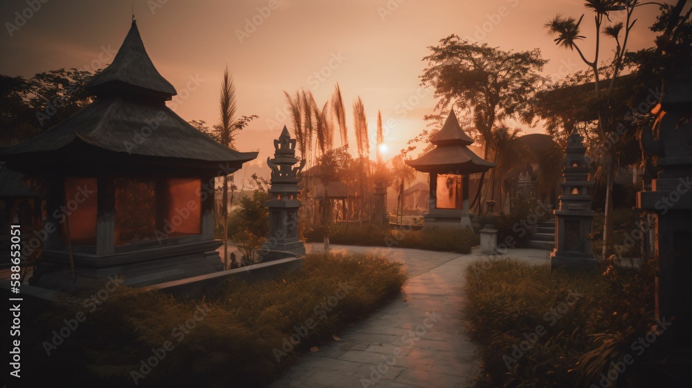 shrine in asia at sunset
