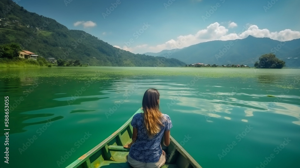 aucasian girl wearing a swimsuit sitting inside a kayak on her back and looking to the side paddling on the lake towards. Generative AI.