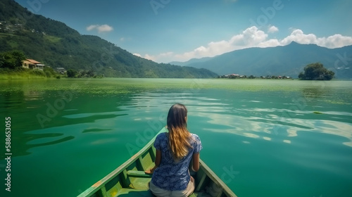 aucasian girl wearing a swimsuit sitting inside a kayak on her back and looking to the side paddling on the lake towards. Generative AI. © Aiakos