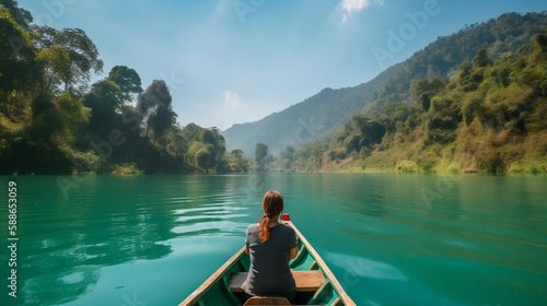 aucasian girl wearing a swimsuit sitting inside a kayak on her back and looking to the side paddling on the lake towards. Generative AI.