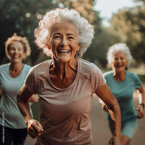 Happy senior woman and her friends are jogging in park. They are looking at camera and smiling AI generated