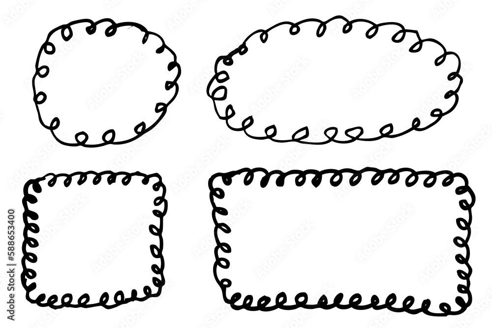 vector set 4 curl line frame, hand draw sketch black circle oval square rectangle vector set 4 curl line frame, hand draw sketch black circle oval square rectangle