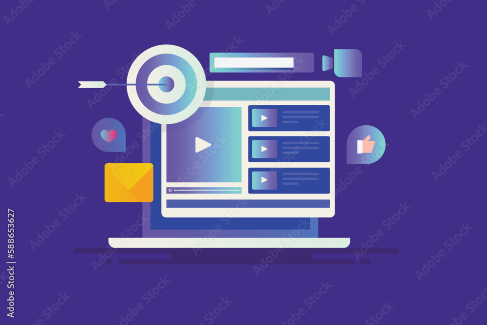 Video marketing strategy for online target audience on social media marketing campaign. Vector web banner. Video marketing strategy for online target audience on social media marketing campaign. Vector web banner.