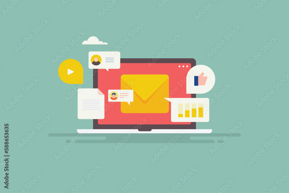 © Sammby - Marketing campaign email strategy digital communication technology, newsletter on laptop screen, vector web banner illustration.