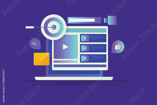 Video marketing strategy for online target audience on social media marketing campaign. Vector web banner.