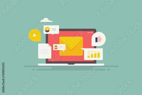 Marketing campaign email strategy digital communication technology, newsletter on laptop screen, vector web banner illustration.