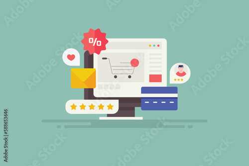 Digital payment for online ecommerce shopping store on computer screen, vector illustration web banner.