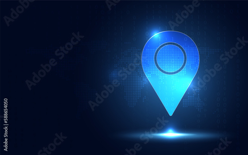 Location pin icon on blue background with copy space. Sharing location and Business database concept. Big data theme. New futuristic digital system technology sign and symbol. Vector illustration.
