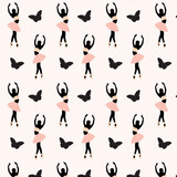 Seamless pattern of a faceless dancing ballerina silhouette with the butterfly on pink background