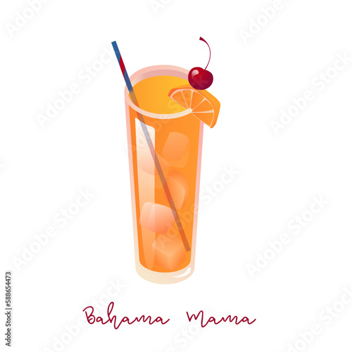 Vector Illustration templateof Cocktail Bahama Mama with ice and garnish, orange slice and cherry
