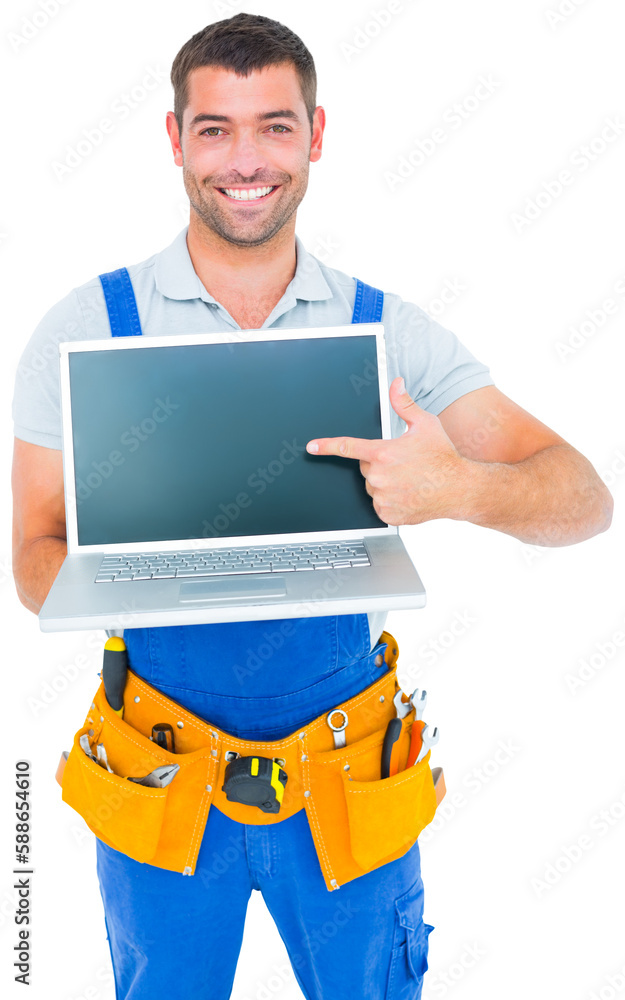 Happy repairman pointing at laptop Happy repairman pointing at laptop