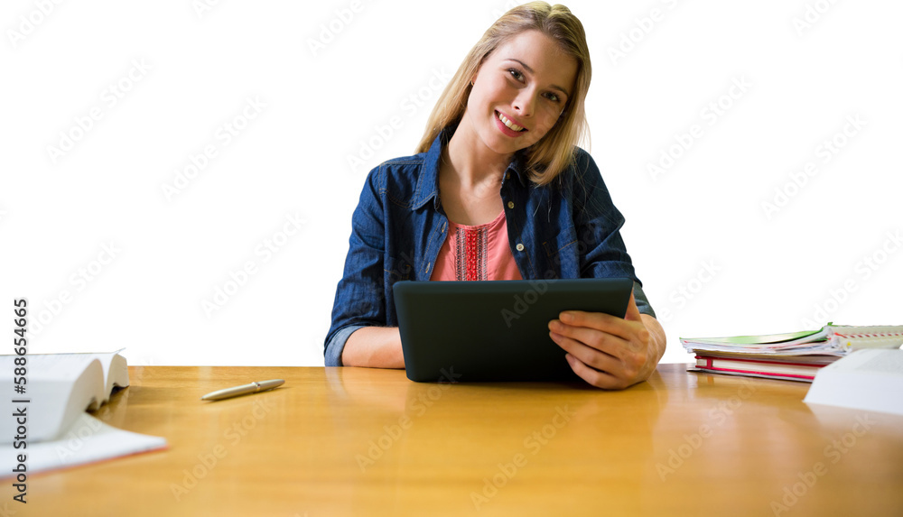 Student studying in the library with tablet