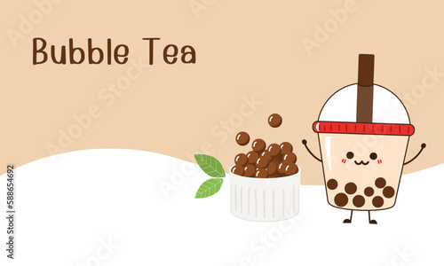 Bubble milk green tea wave, tapioca pears, milk cup cartoon vector illustration.
