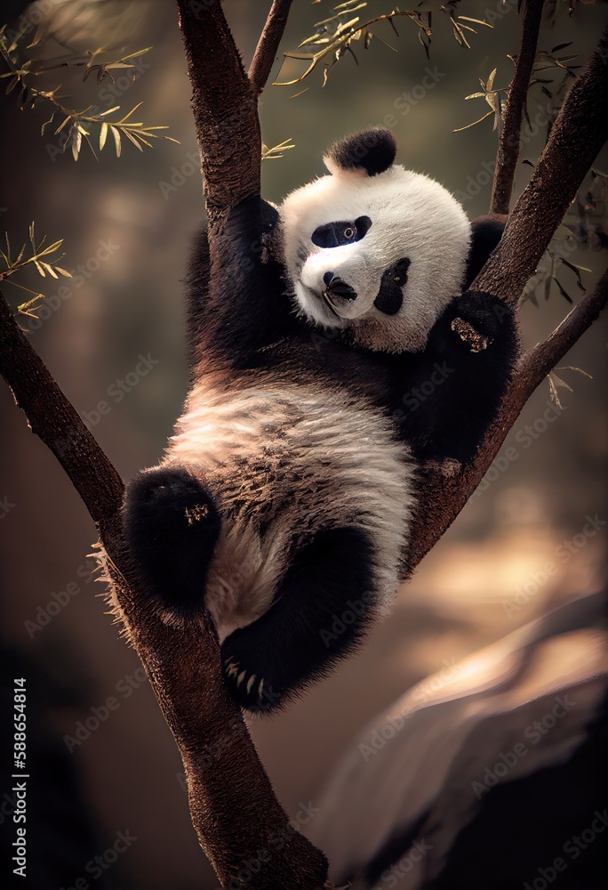 Obraz premium Panda hanging upside down from a tree branch, generative ai