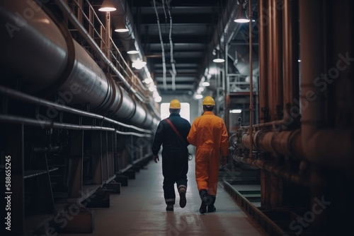 Inside a refinery .Workers in the oil field, the petrochemical industry, and the production of oil and gas.  Ai generative