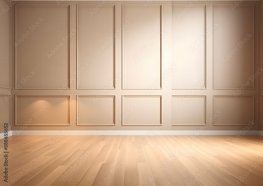 Light brown empty wall with decorative paneling wood Flooring, and timeless architecture creates a stunning home interior without any people, Generative AI Light brown empty wall with decorative paneling wood Flooring, and timeless architecture creates a stunning home interior without any people, Generative AI