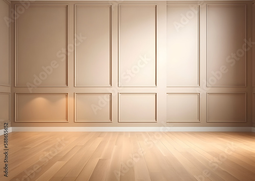Light brown empty wall with decorative paneling wood Flooring, and timeless architecture creates a stunning home interior without any people, Generative AI © MAJGraphics