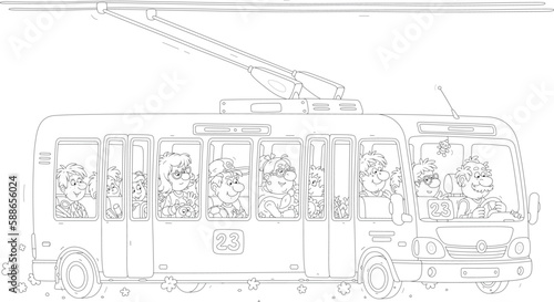 Trolleybus with a smiling driver and noisy company of funny passengers with their things riding along a city street, black and white outline vector cartoon illustration for a coloring book