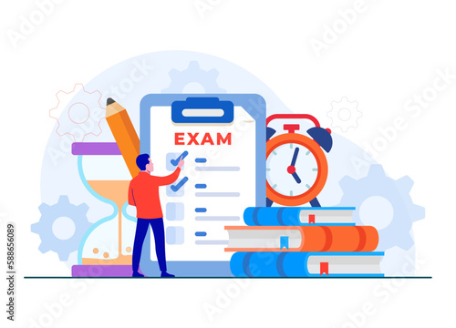 Paper test with timer and hourglass, Exam concept flat illustration concept, Examination, Survey, Checklist, Test