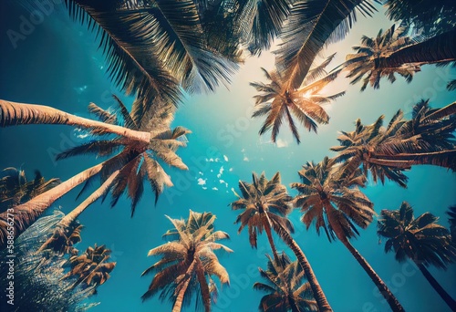 Blue sky and palm trees view from below vintage style